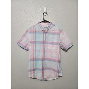 Original Penguin Button Shirt Men's Pink and Blue Plaid Buttoned-Up Shirt Size M